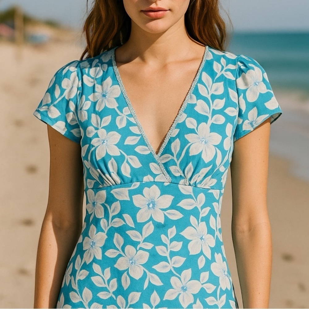 Vintage Y2K Wrapper Tropical Hawaiian Blouse Teal Blue White Floral Wrap Top